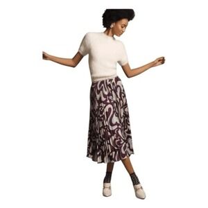 Anthropologie Valerie Pleated Midi Skirt Cream Deep Purple Floral‎ XL